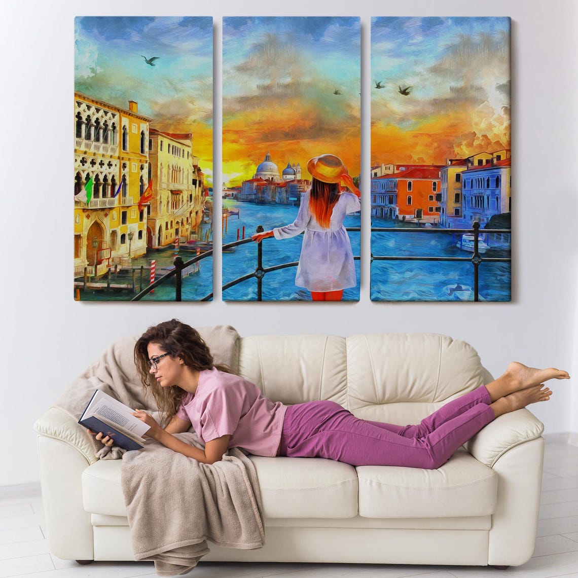 Venice Grand Canal Bridge Sunset Woman Straw Hat Golden Sky Poster - Image 3