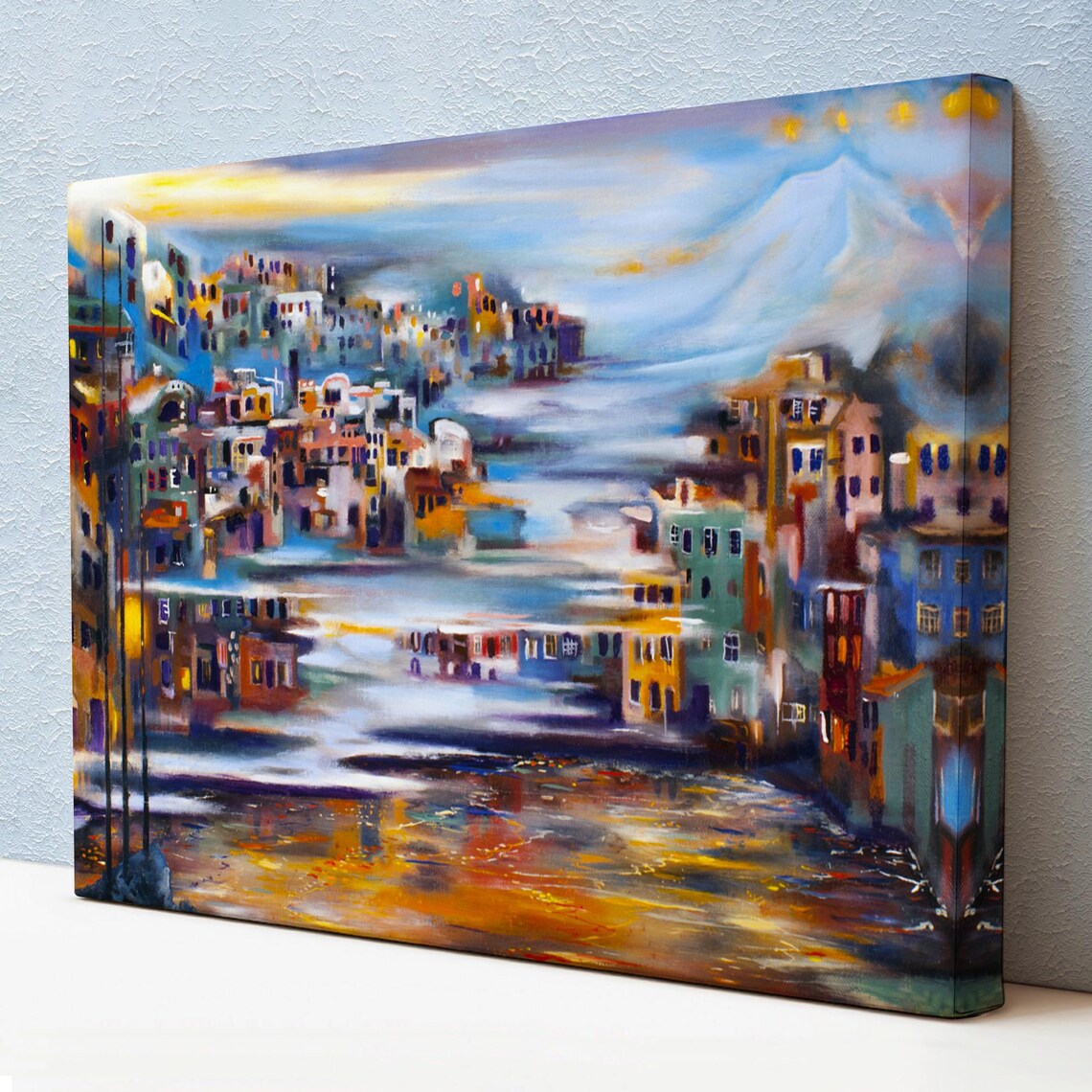 Village at the Foot of Smoking Volcano Impressionist Town View Poster
