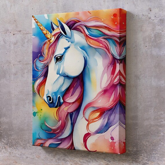 Magical Rainbow Unicorn Watercolor Fantasy Horse Mane Art Poster