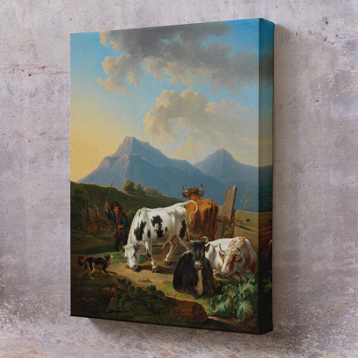 Classic Pastoral Farmer With Cattle Alpine Valley Oil Poster