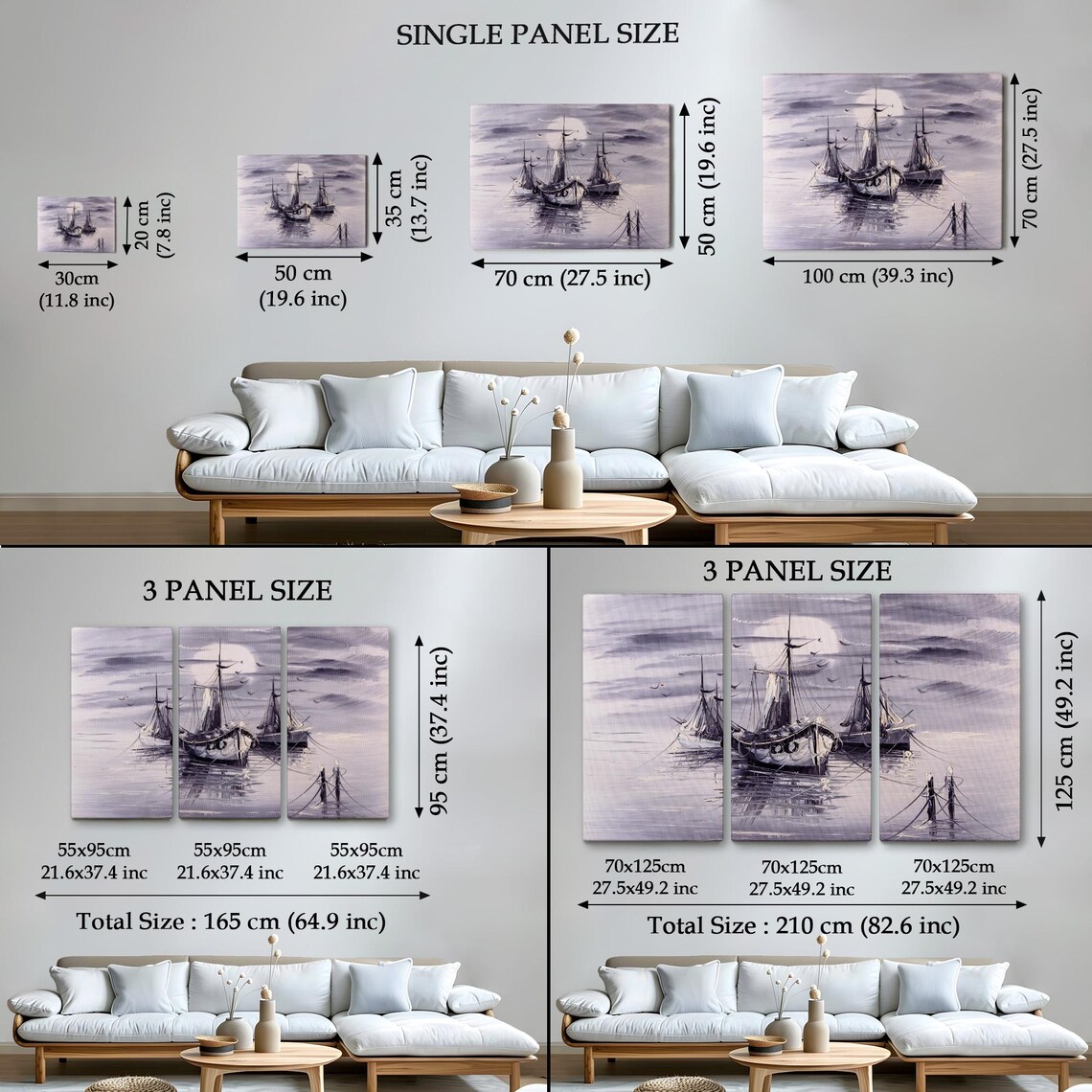 Moonlit Sailing Ships Calm Harbor Birds Monochrome Painting Poster - Image 4