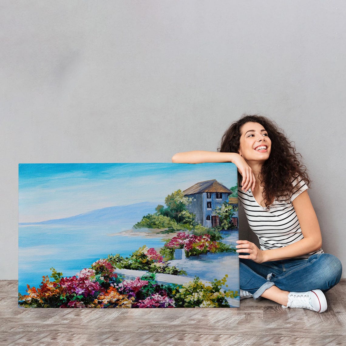 Seaside House Among Bright Flowers Blue Ocean Coast View Poster - Image 4