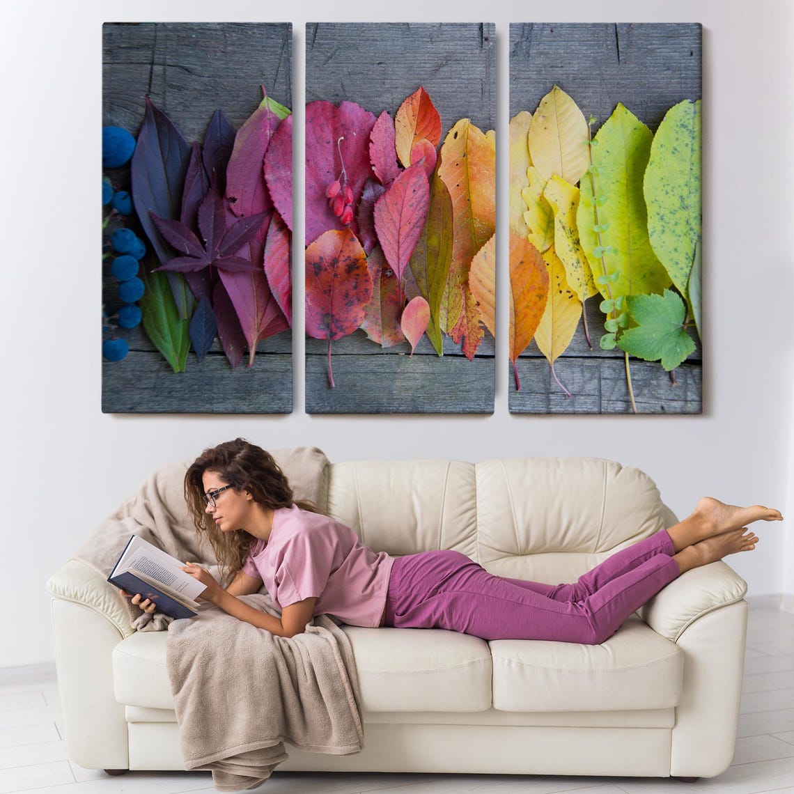 Rainbow Autumn Leaves Row Rustic Wood Colorful Botanical Photo Print - Image 3
