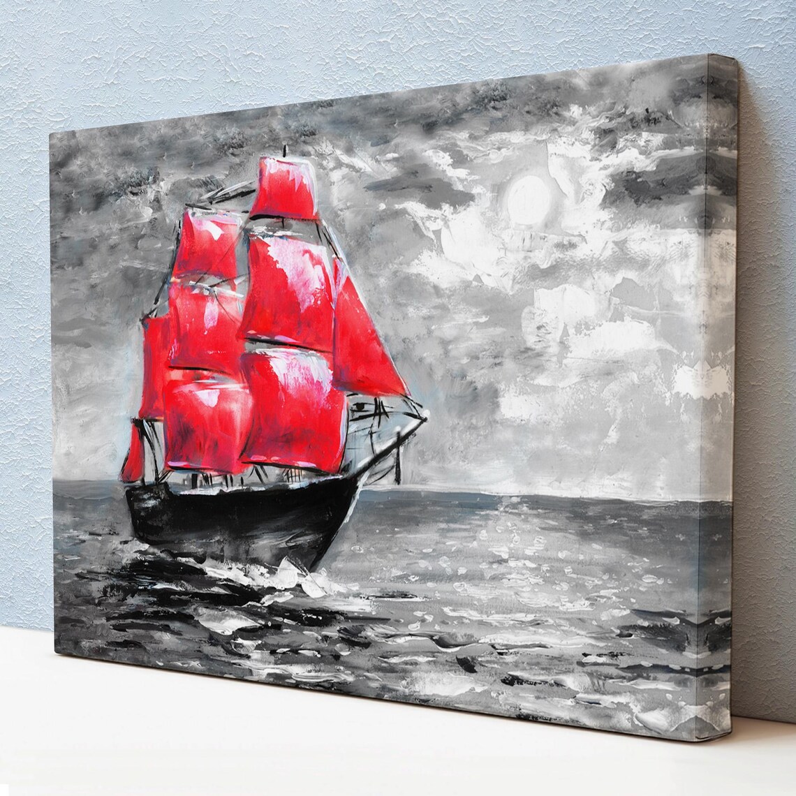 Scarlet Sails Tall Ship Gray Monochrome Ocean Seascape Wall Art