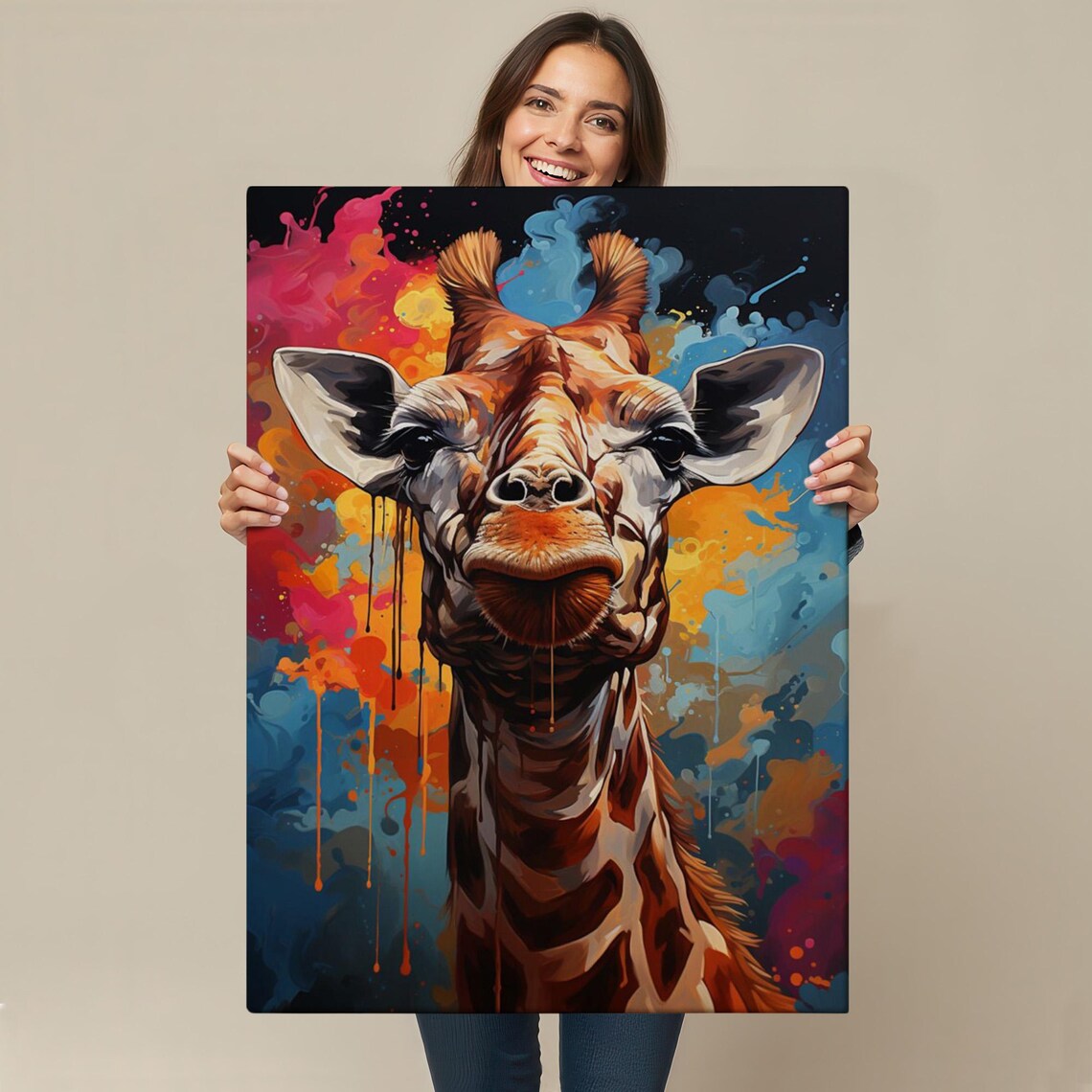 Giraffe Close Up Portrait On Colorful Paint Splatter Background Wall Art - Image 4