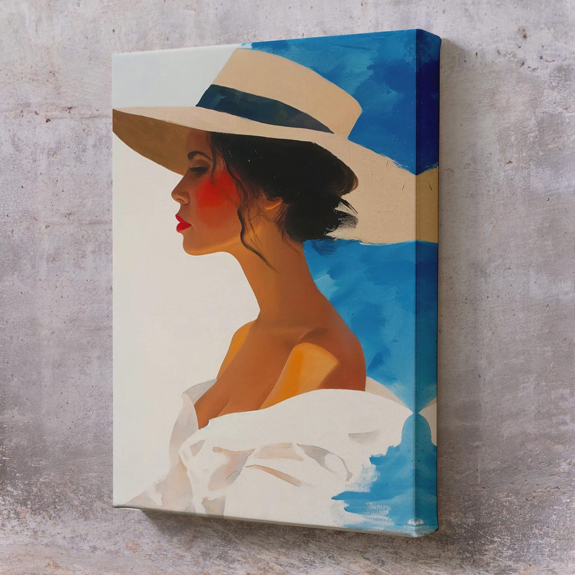 Retro Woman Wide Brim Straw Hat Blue Sky Vintage Summer Style Poster