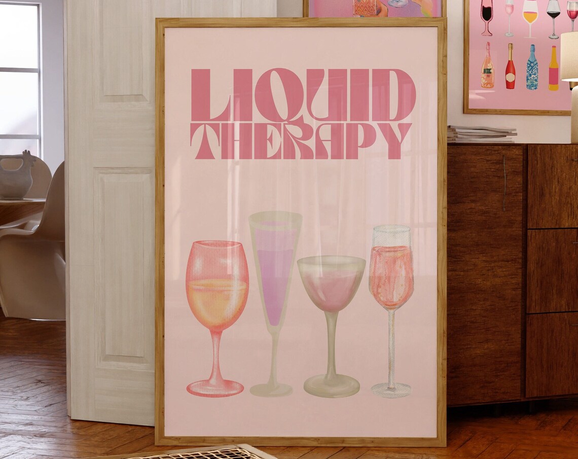 Liquid Therapy Watercolor Wine Glasses Pink Bar Cart Trendy Poster