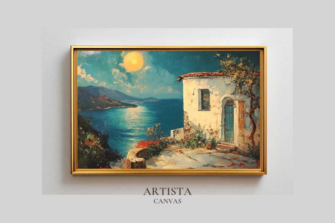 Moonlit Mediterranean Coast White Cottage Seascape Painting Poster