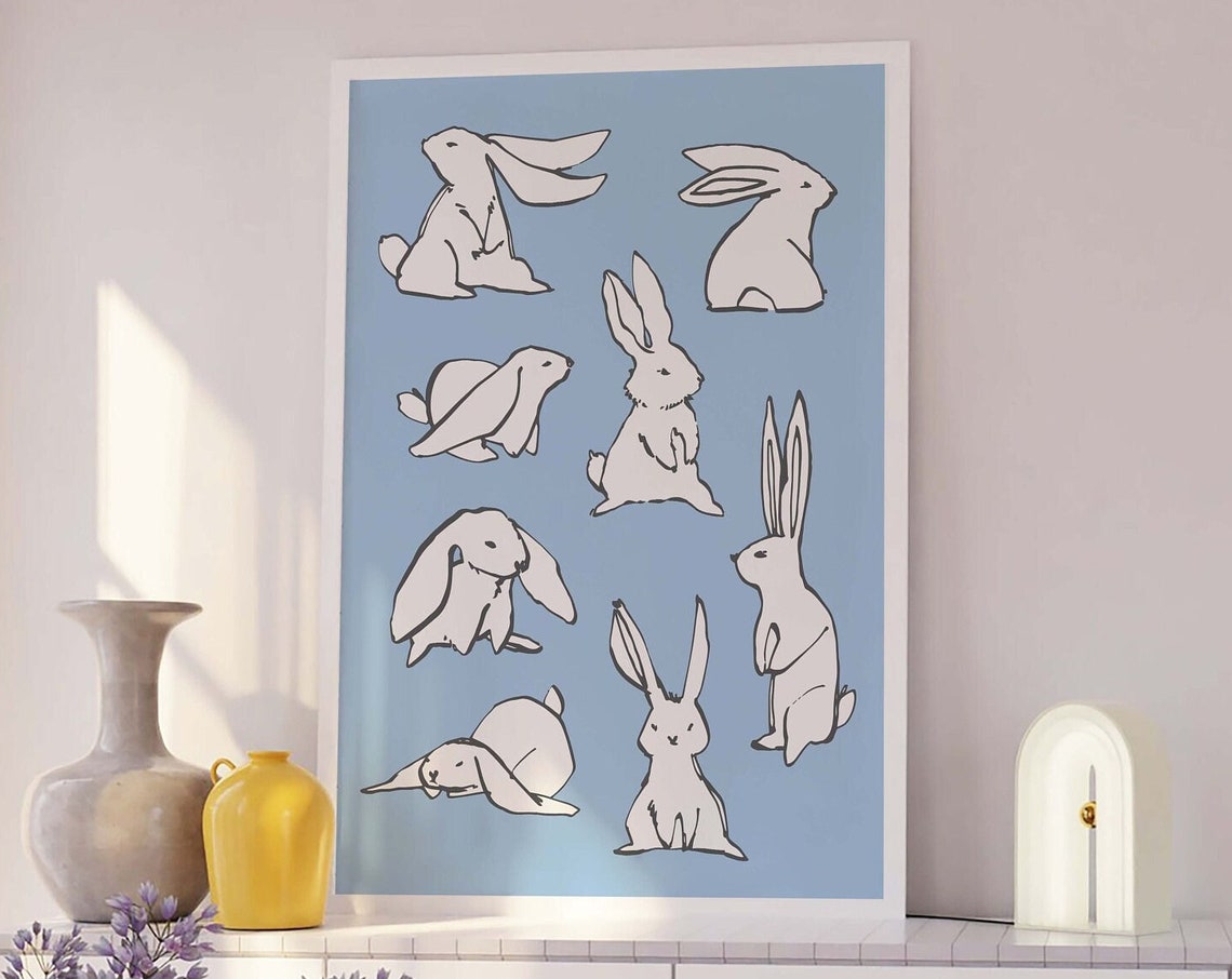 Bunny Sketches Blue Background Minimal Ink Rabbit Art Poster