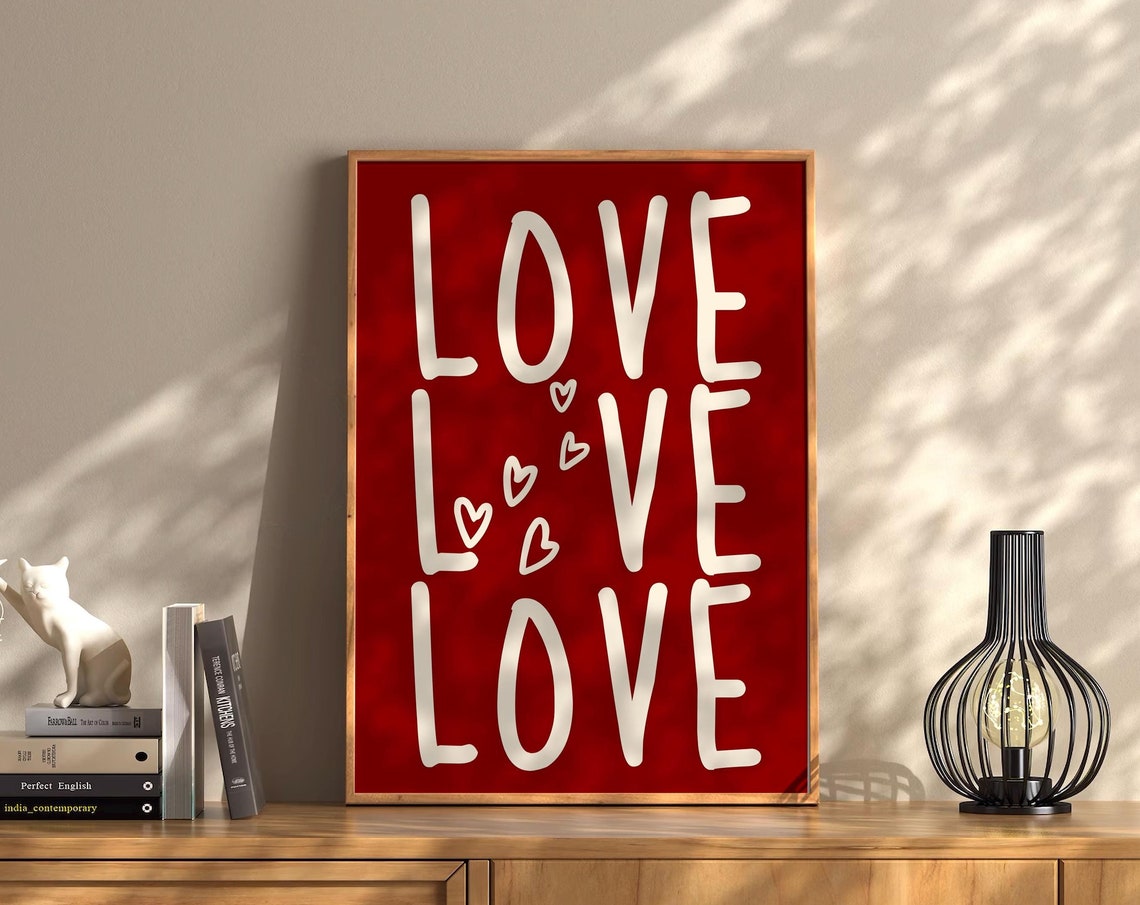 Love Love Love Red Hand Lettered Hearts Romantic Typography Poster - Image 2