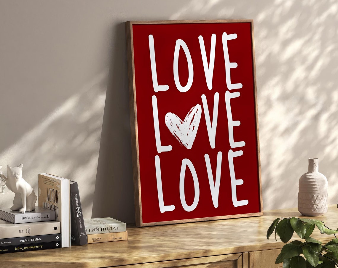 Love Love Love White On Red Hand Lettered Heart Typography Poster - Image 3