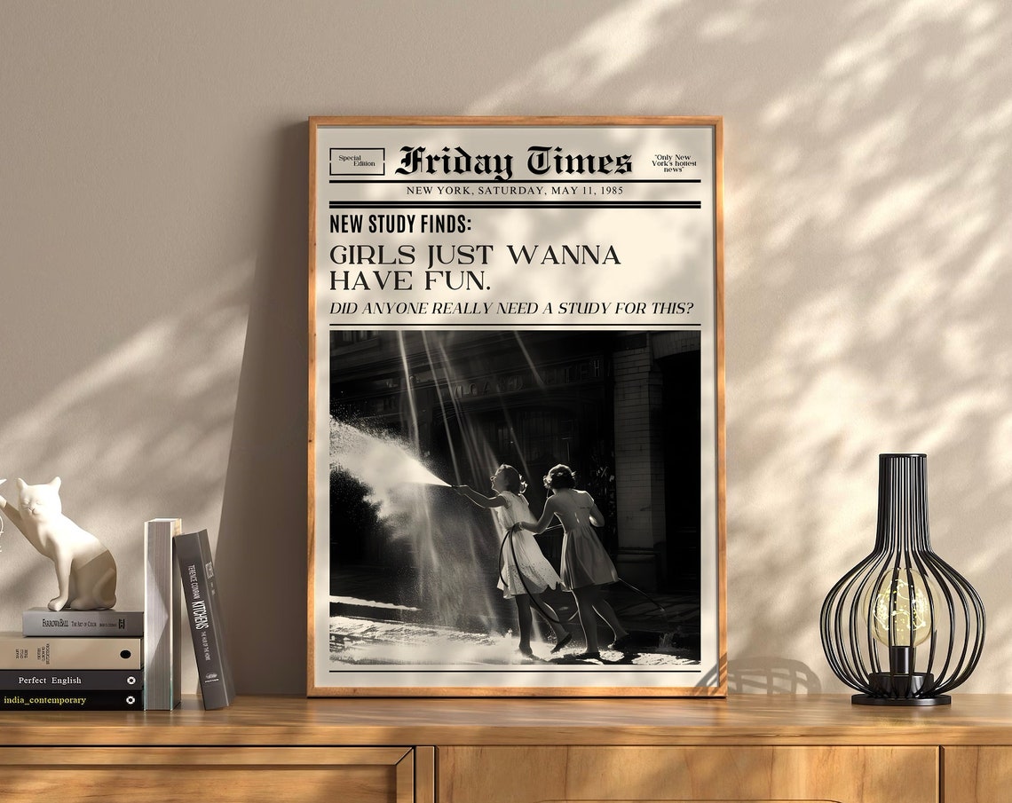 Girls Just Wanna Have Fun Trendy New York Newspaper Print Vintage Bar Cart Retro Wall Art Newspaper Headline Poster College Apartment Decor