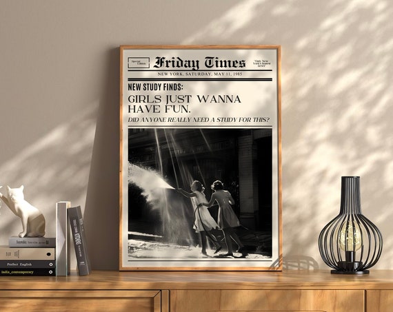 Girls Just Wanna Have Fun Trendy New York Newspaper Print Vintage Bar Cart Retro Wall Art Newspaper Headline Poster College Apartment Decor