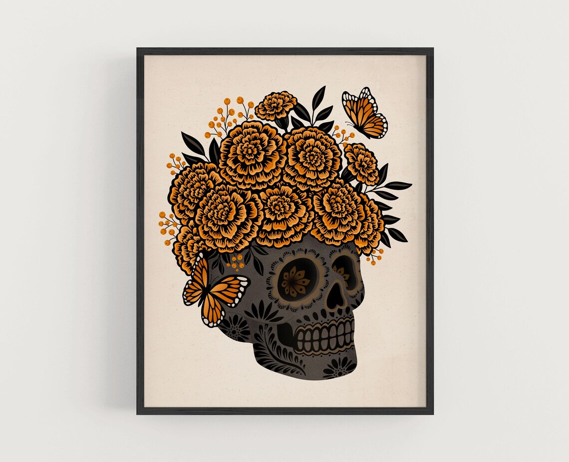 Marigold Calavera Art Print, Day of the Dead