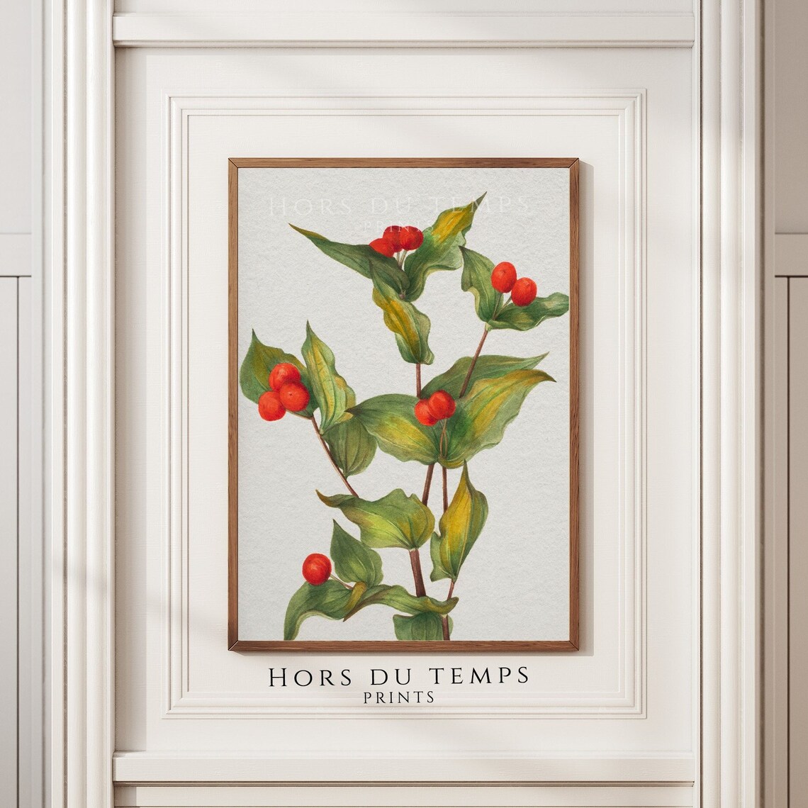Fairy Bells Red Berries Botanical Watercolor Antique Floral Poster
