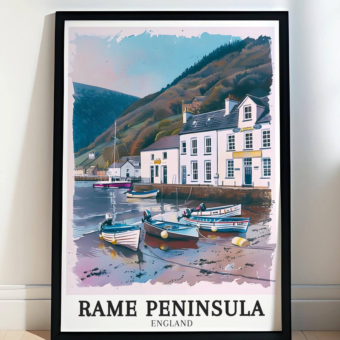 Rame Peninsula England Fishing Harbor Boats Watercolor Art Poster