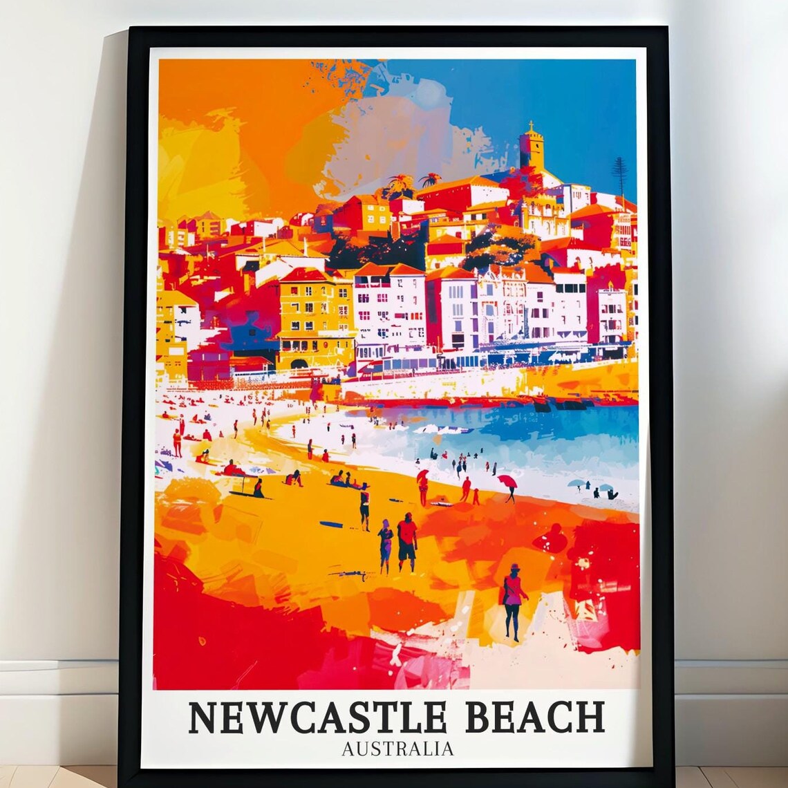 Newcastle Beach Australia Poster Pop Art Beach Town and Crowded Shore