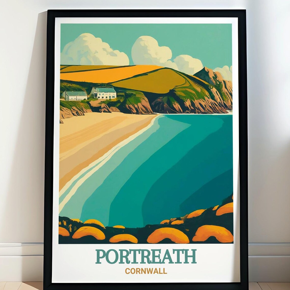 Portreath Cornwall Golden Sands and Cliff Village Travel Poster
