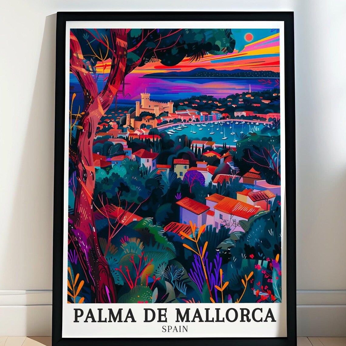 Palma De Mallorca Castle Bay Sunset Town Viewpoint Travel Poster