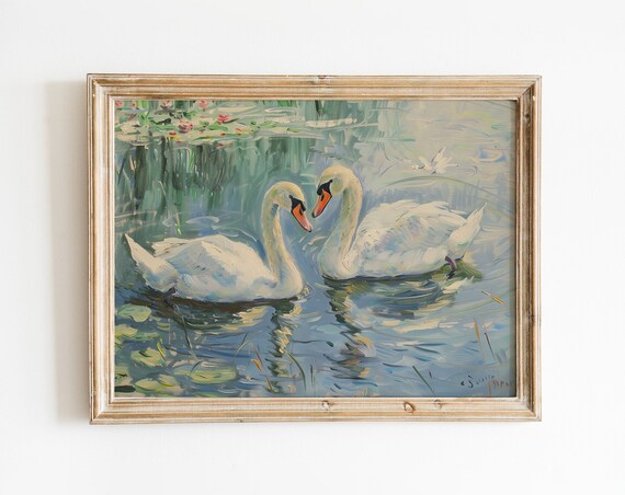 Two White Swans On Lily Pond Vintage Oil Painting Bird Poster
