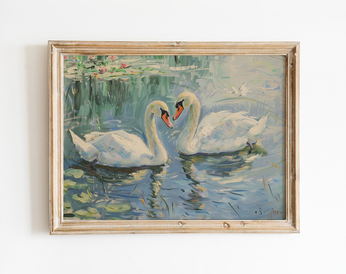 Two White Swans On Lily Pond Vintage Oil Painting Bird Poster