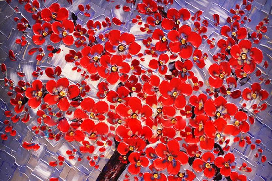 Red Cherry Blossom Tree On Lavender Textured Canvas Oil Poster - Image 2