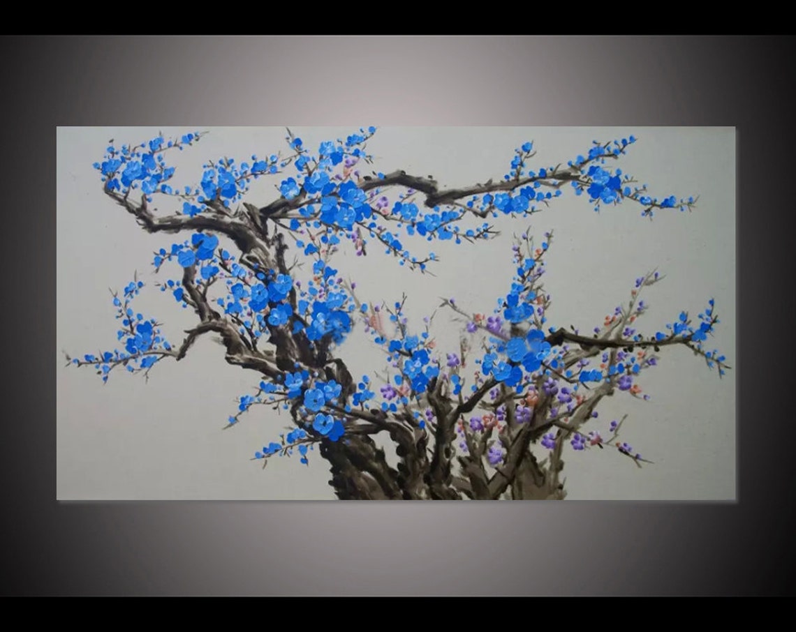 Blue Plum Blossom Branches On Soft Grey Ink Wash Oil Paint Poster
