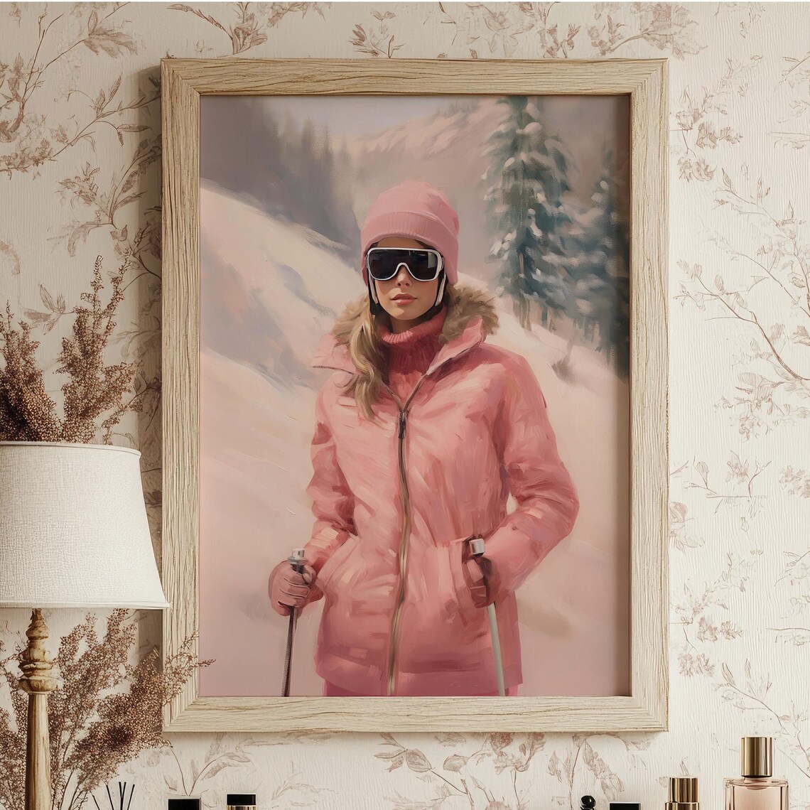 Apres Ski Fashion Pink Ski Outfit Winter Mountain Art Poster