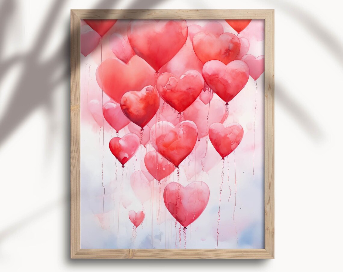 Romantic Pink Heart Balloons Bunch Watercolor Valentine Poster