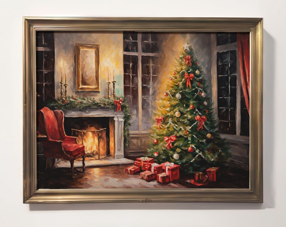 Christmas Eve Winter Tree Presents Rustic Holiday Art Print