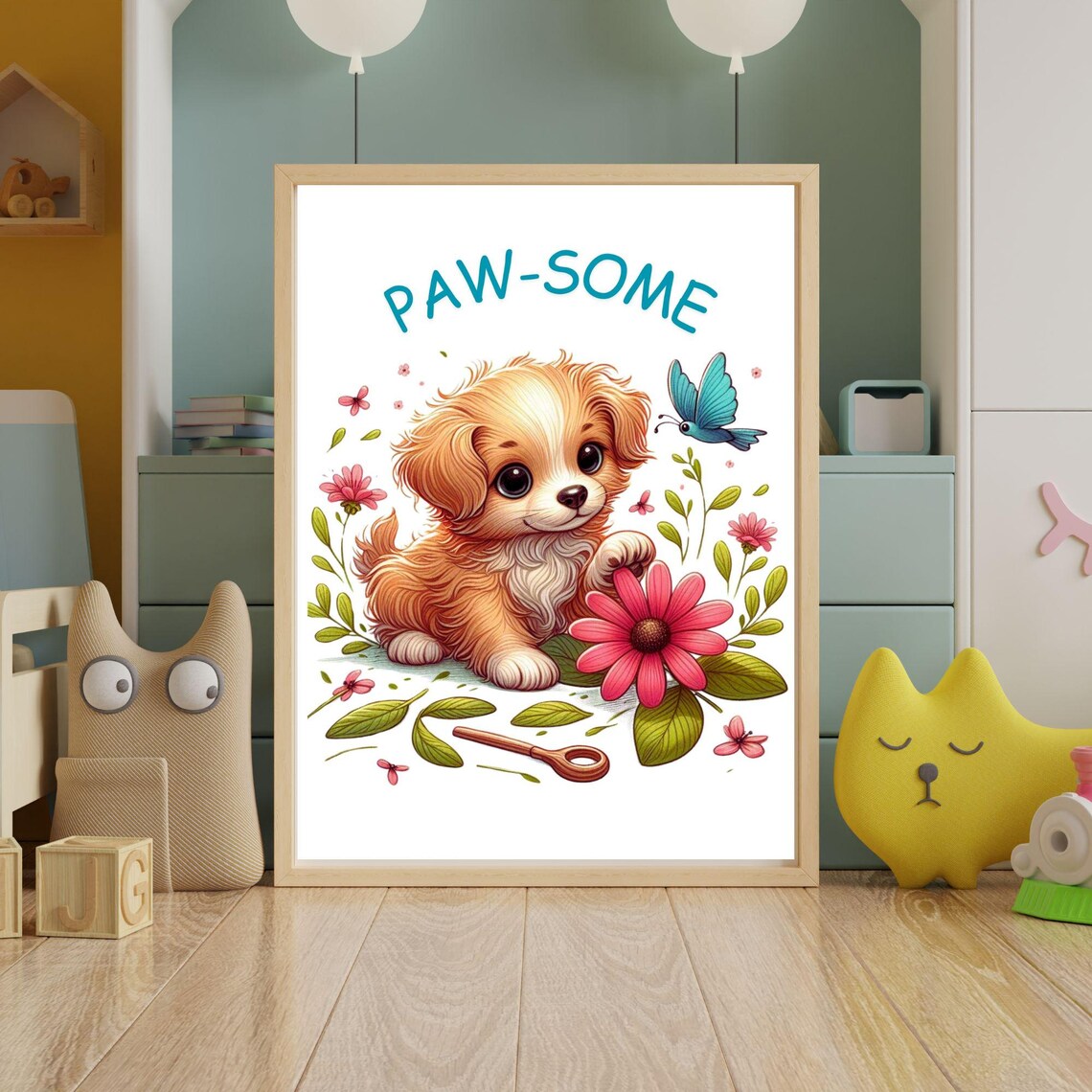 Paw-some Puppy With Flowers and Butterfly in Kids Room Poster - Image 5