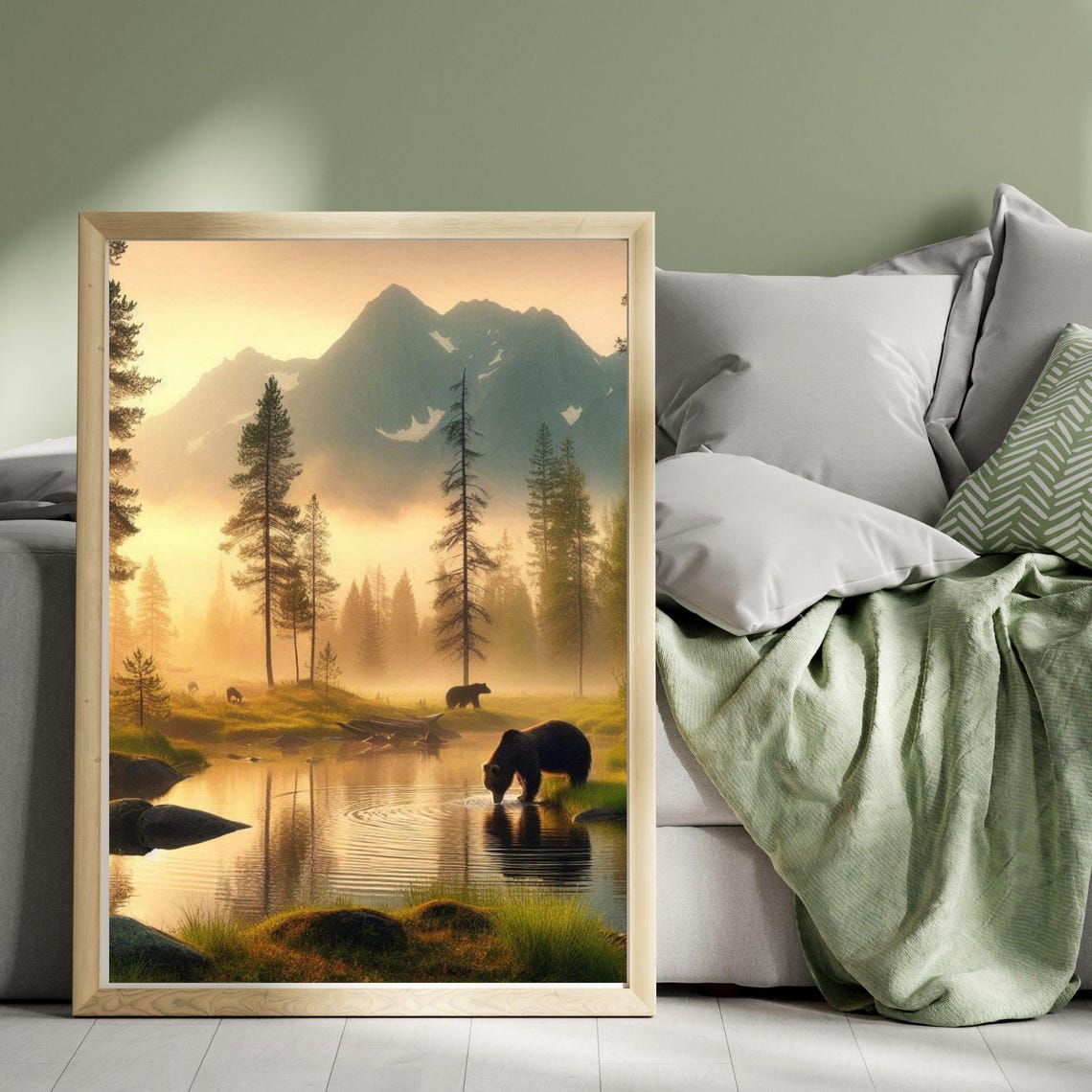 Brown Bear Drinking at a Mountain Lake at Sunset Wilderness Poster