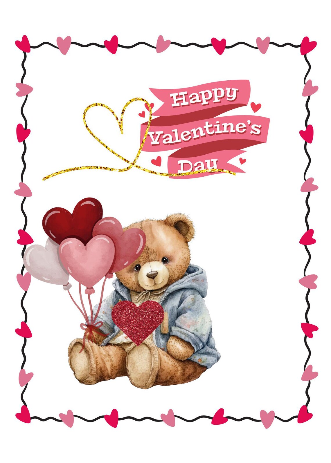 Happy Valentines Day Teddy Bear With Heart Balloons Gift Poster