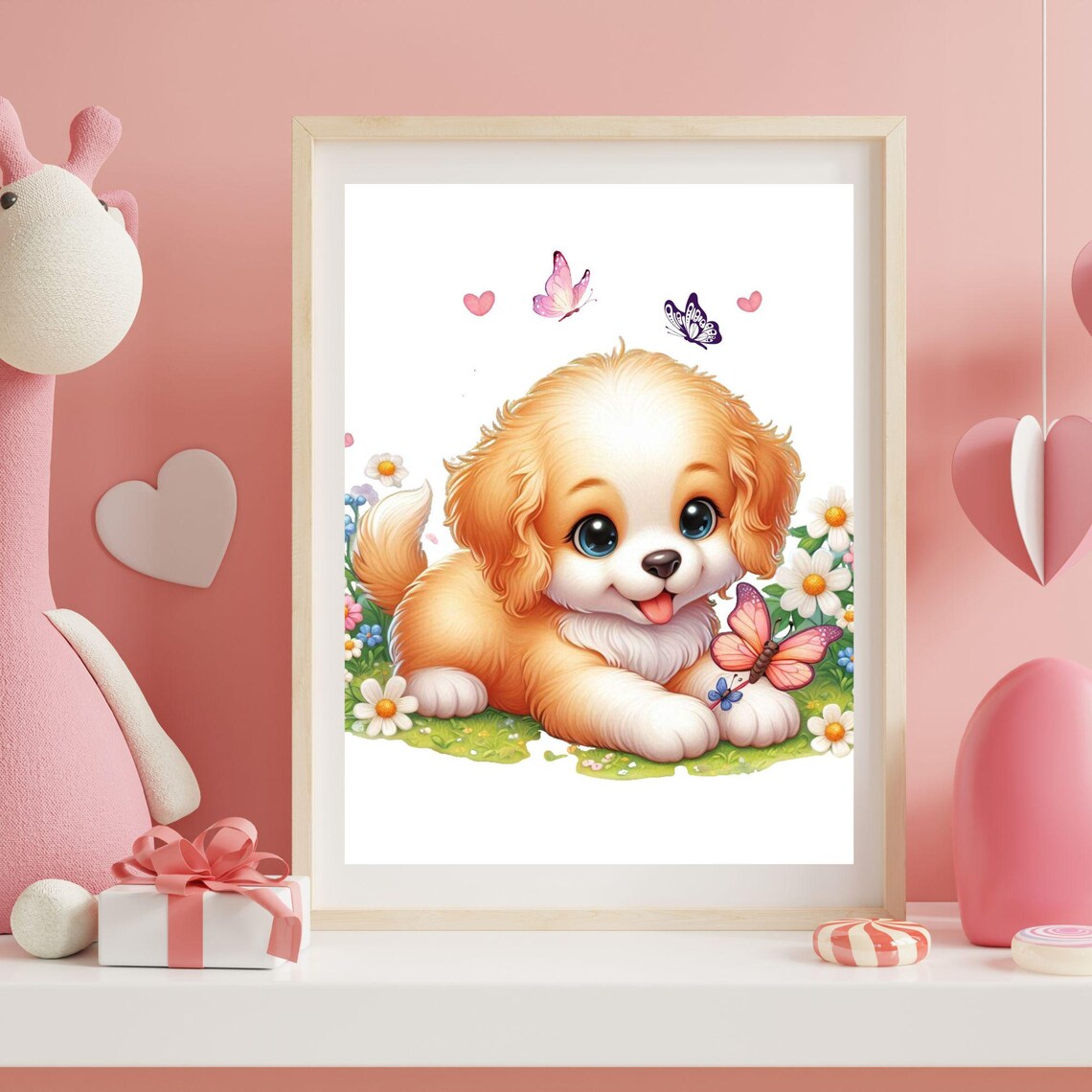 Golden Puppy Among Daisies and Butterflies in a Meadow Poster - Image 6