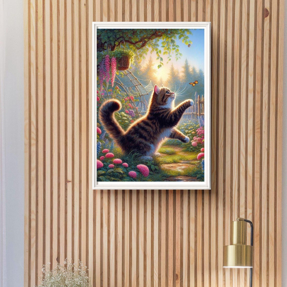 Playful Tabby Cat Chasing A Butterfly In A Blooming Garden Poster - Image 5