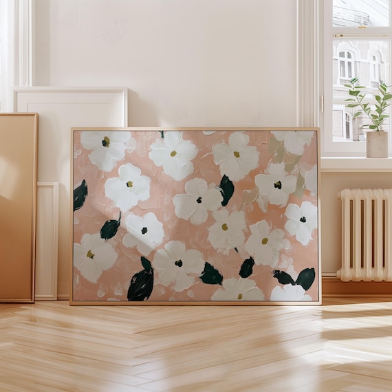 White Floral Blossoms On Blush Pink Textured Abstract Painting Poster