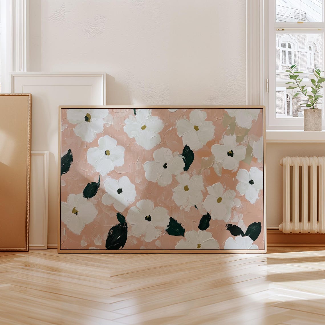 White Floral Blossoms On Blush Pink Textured Abstract Painting Poster