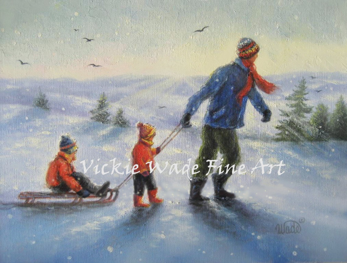 Father Pulling His Children on a Sled Through a Snowy Field Poster