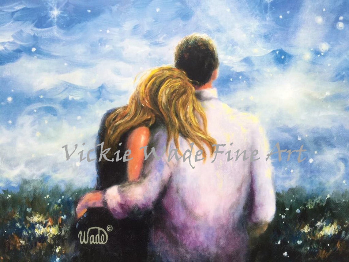 Romantic Young Couple Embracing Beneath a Starry Night Sky Poster
