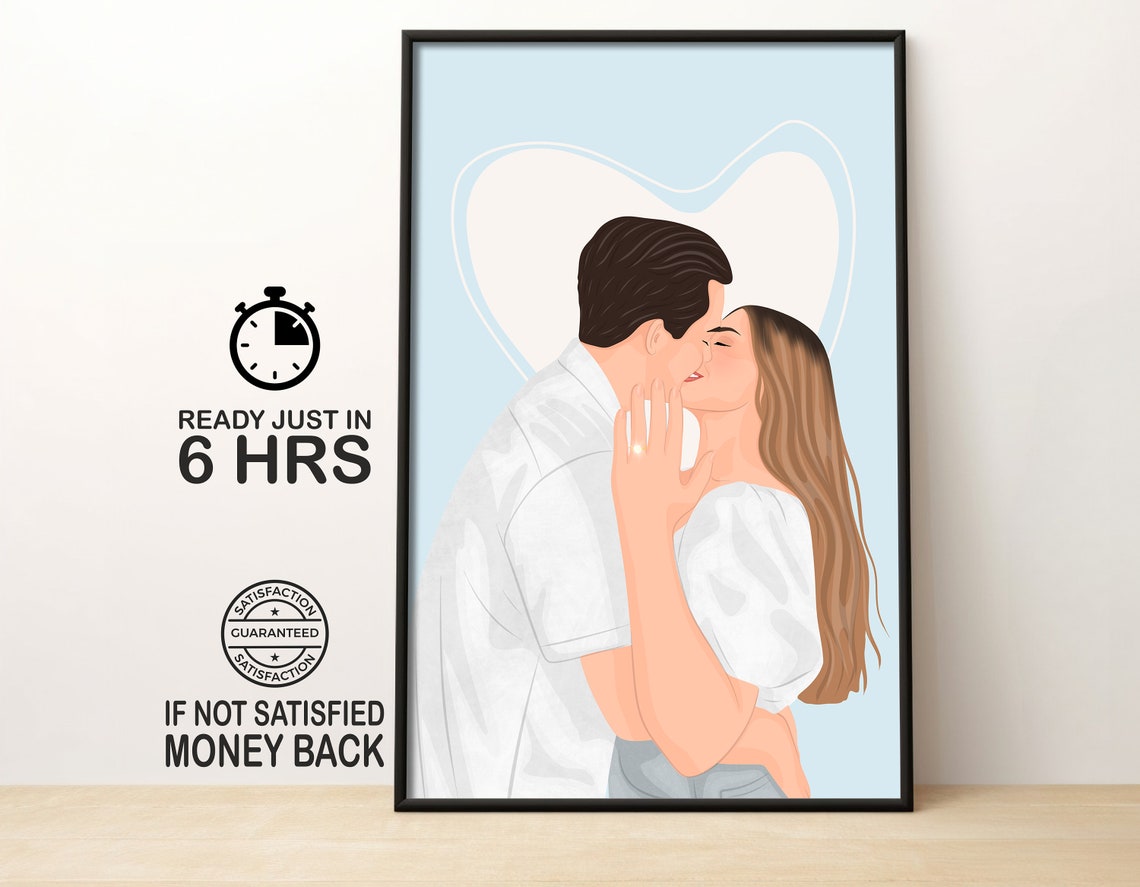 Kissing Couple With Heart Outline Romantic Vector Illustration Poster