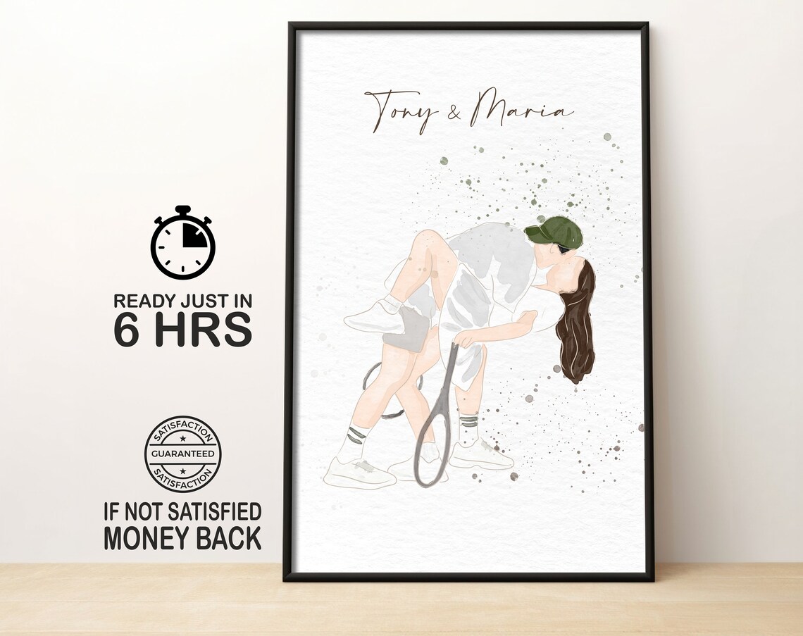 Tony And Maria Tennis Couple Embrace Watercolor Anniversary Poster