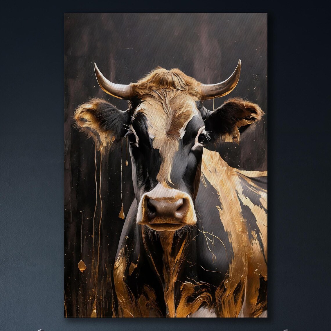 Black And Gold Cow Abstract Portrait Farmhouse Animal Art Poster