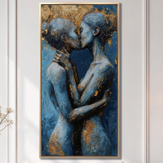 Hug Couple Girls Wall Art Kissing Lesbian Wall Art Decor Textured Blue Golden Painting Print Ladies In Love Wall Art Beautiful Decor
