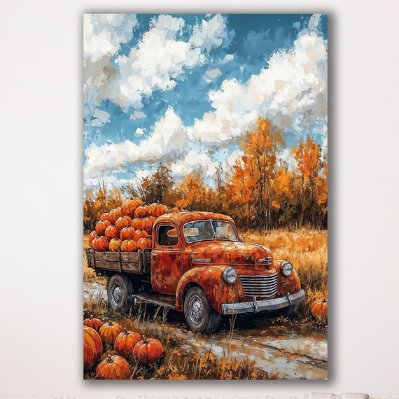 Farm Pickup Truck Canvas Wall Art Autumn Halloween Decor Country Red Car With Pumpkins Painting Print Fall Harvest Poster Gift Ready To Hang
