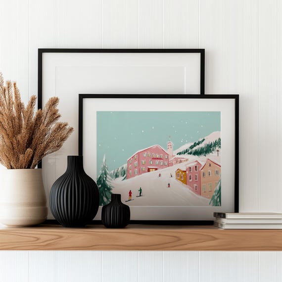 Cozy Ski Village Art Print Winter Snowy Town Scene Holiday Decor Ski Lovers Gift
