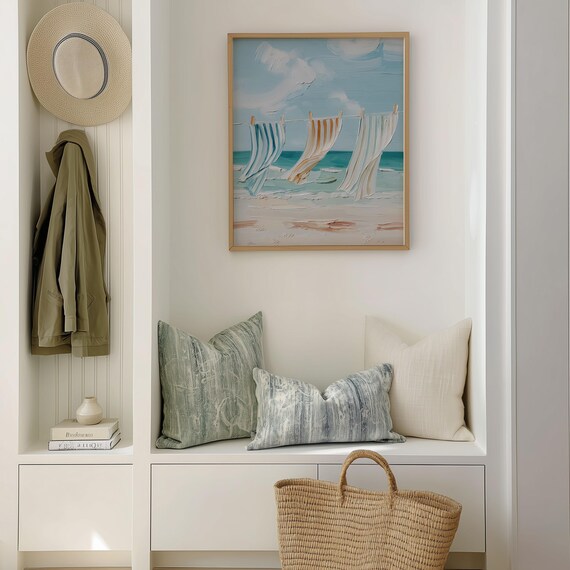 Coastal Beach Towels On Clothesline Pastel Seaside Painting Poster
