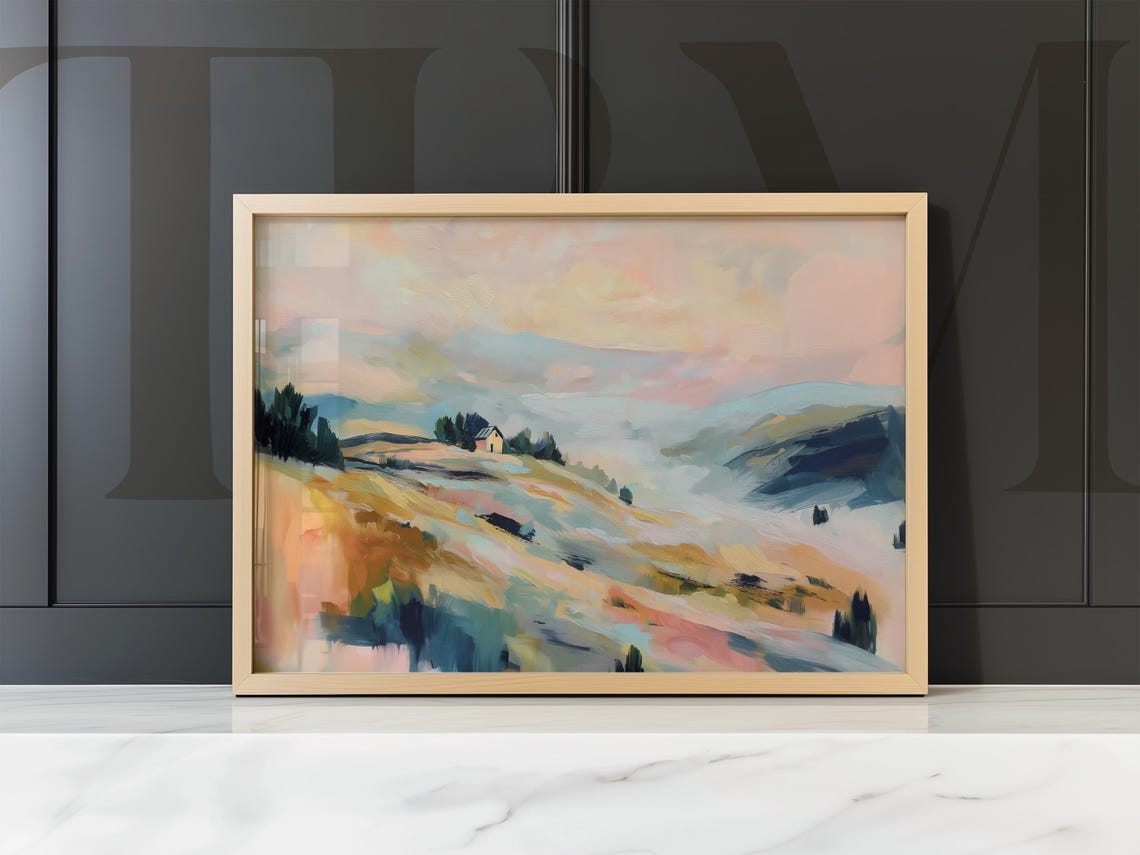 Dreamy Pastel Rolling Hills Countryside House Landscape Wall Art