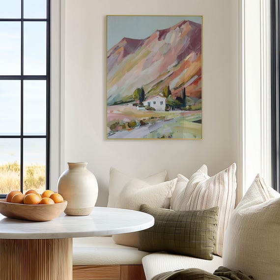 Pastel Mountain House Wall Art Abstract Hillside Landscape Painting Rustic Countryside Decor Modern Impressionist Cabin Print