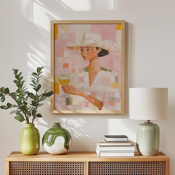 Stylish Woman with Cocktail Hat Pink Modern Fashion Art Poster