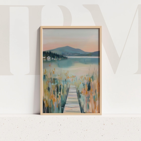 Pastel Lake Dock Mountain Landscape Serene Waterscape Wall Art